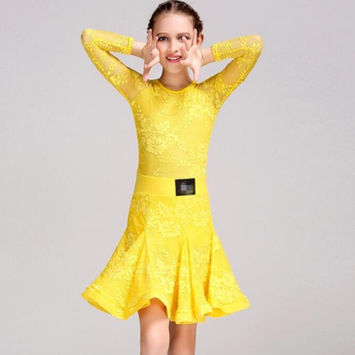 Lace yellow mint orange white turquoise long sleeves fashion girl's kids children ballroom latin salsa cha cha dance dresses